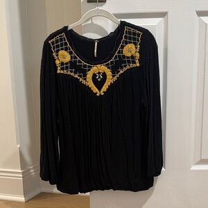 Free People Black and Gold Embroidered Women's Top